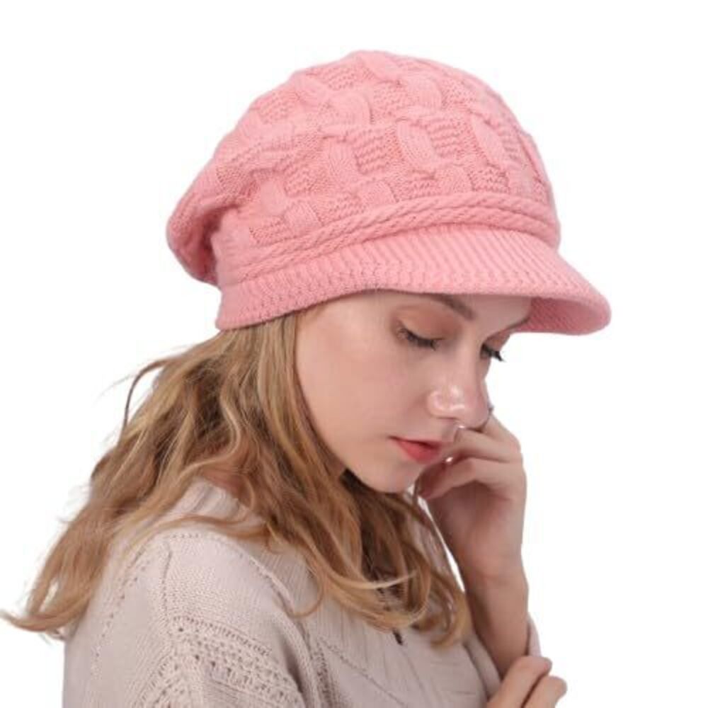 1432 Winter Knitted Hat, Soft Stretchy Lining Beanie with Visor Brim